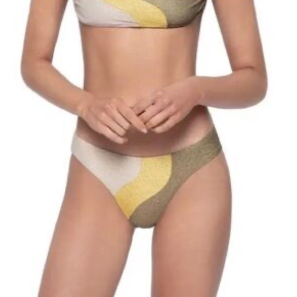 NEW PQ Haven Ruched Teeny Bikini Bottoms Glitter Colorblock Sparkly Copper Gold